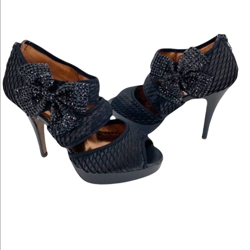POETIC LICENSE Mistletoe Kisses Black Open Toe Rhinestone Bow 4” Heels Size 6 - Picture 12 of 13